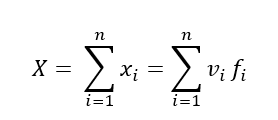 Matematisk formel som viser summen av verdier 𝑥 𝑖 x i , som også kan uttrykkes som produktet av verdier 𝑣 𝑖 v i og frekvenser 𝑓 𝑖 f i . Brukes ofte i statistikk for å beregne totalverdier. Tilpasset universell utforming med lesbar notasjon.