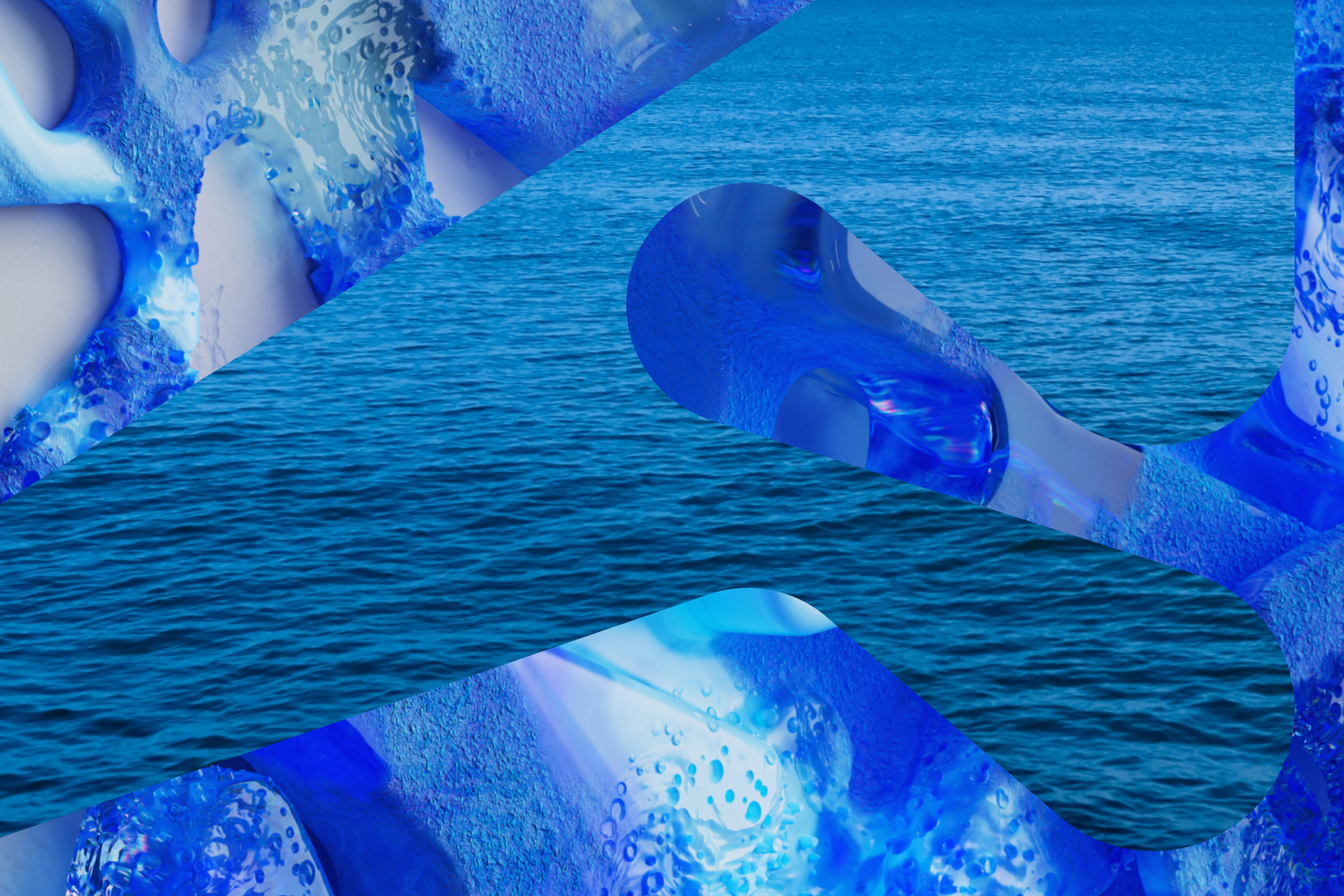 Et 3D illustrasjons bilde i blå farger som minner om havet og et bilde av havet som ligger oppå i en dubins form.