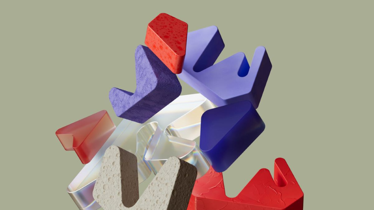 Tredimensjonale Dubinsformer i ulike farger: hvit, rød, blå, mot grå bakgrunn 