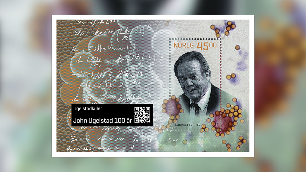 Frimerke med matematiske formler, sort-hvitt portrett av eldre mann og  tegnede kuler i klustere