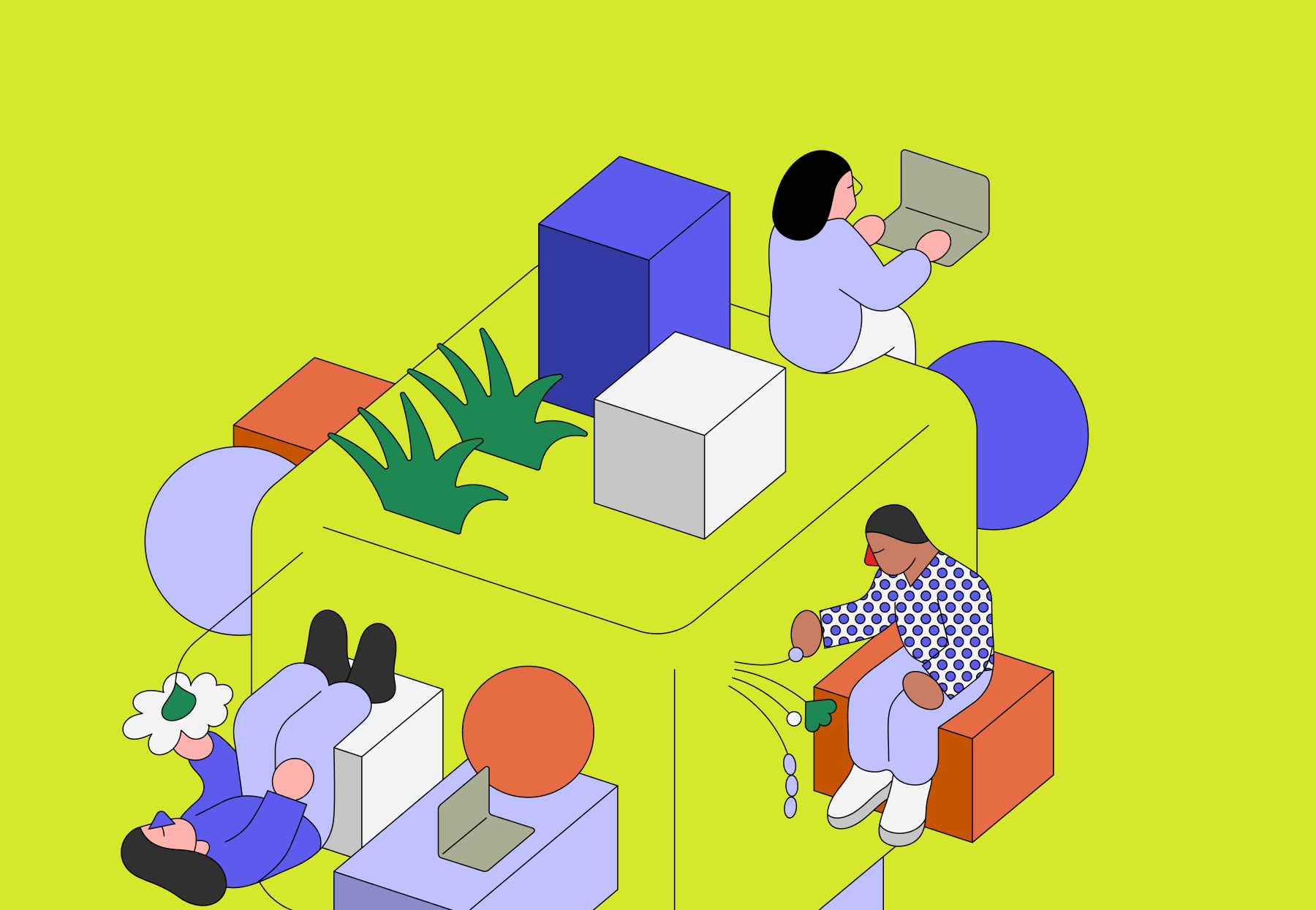 Illustrasjon av tre personer rundt en stor kubeformet struktur: én sitter på toppen med en bærbar datamaskin, én ligger på siden og holder en blomst, og én sitter på en oransje kube og ser på blomster/planter. Scenen er omgitt av geometriske former og planteillustrasjoner, med en lys gulgrønn bakgrunn.
